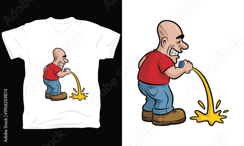 Cartoon bald man peeing illustration, vector graphic for t-shirt design, humorous artwork
