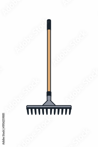 A garden rake with a wooden handle and metal head for yard work and leaf collection on a white background