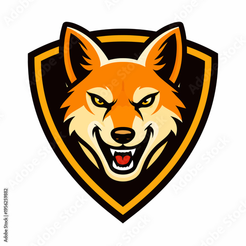 A fierce cartoon fox head with sharp teeth and yellow eyes on a black and orange shield emblem logo vector graphic