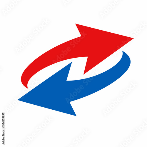 Two arrows in a circular motion, one red and one blue, pointing in opposite directions on white background