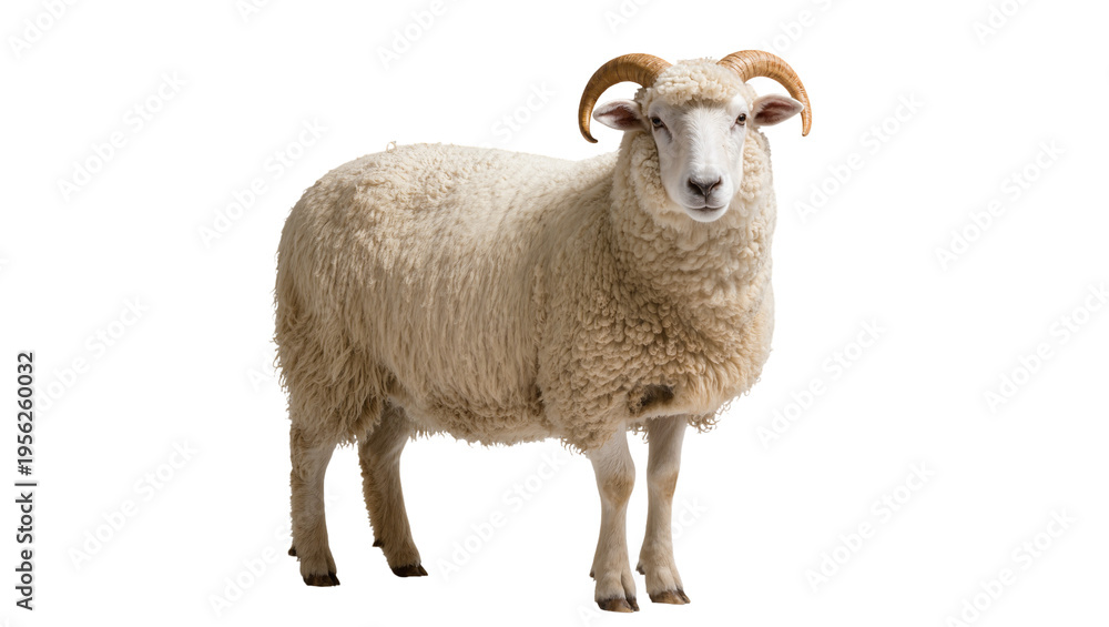 Fototapeta premium Isolated majestic male sheep with impressive horns and thick wool standing and staring intently.