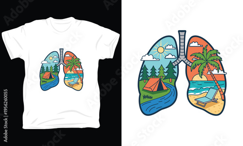 Vector lungs filled with nature camping and beach scene illustration