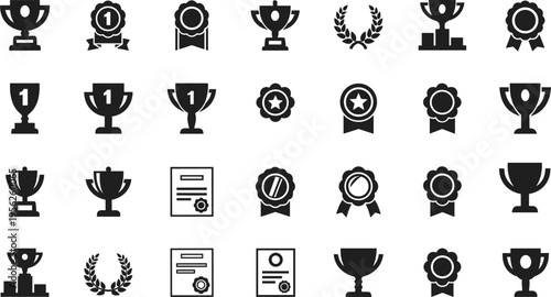 Award and trophy icon set featuring winners cups medals laurel wreaths and certificates for sports competition achievement business success and recognition isolated on white