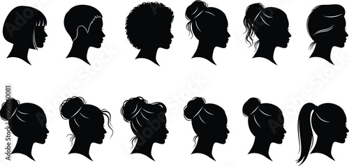 Collection of beautiful female head silhouettes in profile featuring various modern hairstyles and haircuts for beauty salon branding hair care and fashion identity