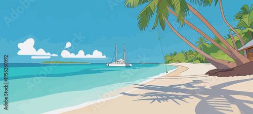 Sailboat anchored near sandy beach with palm trees and clear blue water in tropical location during sunny day