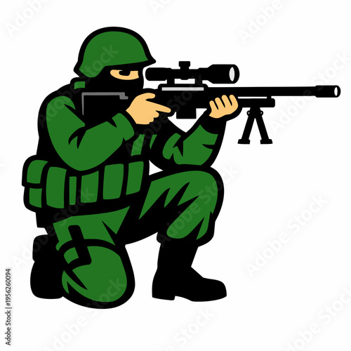 Soldier in green uniform aiming sniper rifle in a tactical stance on one knee with scope and bipod on white background