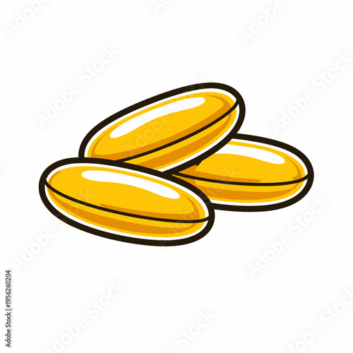 Vibrant illustration of three shiny golden pills or capsules on white background for health and medical concepts