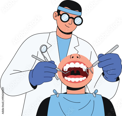 Dentist examining a patient's open mouth with tools