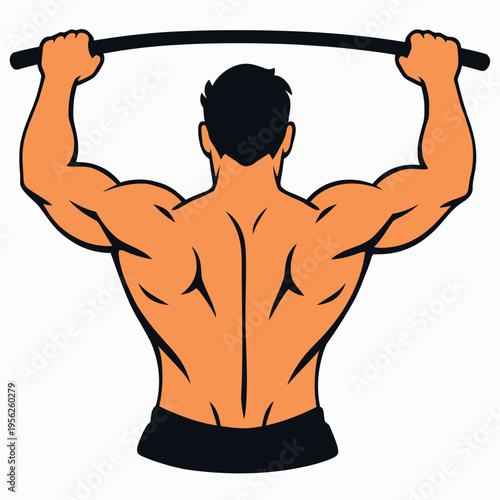 Muscular man doing pull-ups on a bar, back view, cartoon illustration for fitness and exercise concepts