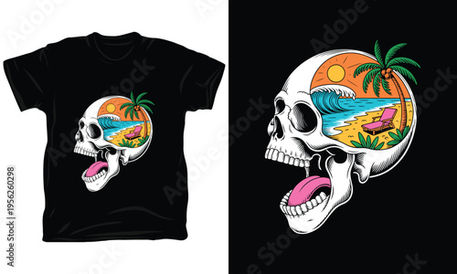 Skeleton skull beach scene t-shirt vector illustration with tropical paradise ocean waves