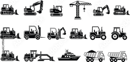 Heavy construction machinery and industrial equipment icons set including excavator bulldozer crane forklift tractor dump truck grader and maritime vessel transport isolated on white