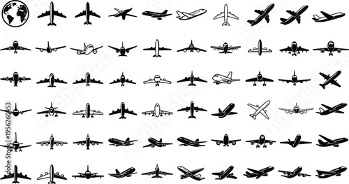 Large collection of airplane icons and aircraft silhouettes featuring various passenger jets gliders and cargo planes for global travel aviation and transport logistics