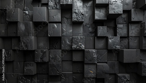 abstract 3d background of black cubes with protruding elements and soft shadows