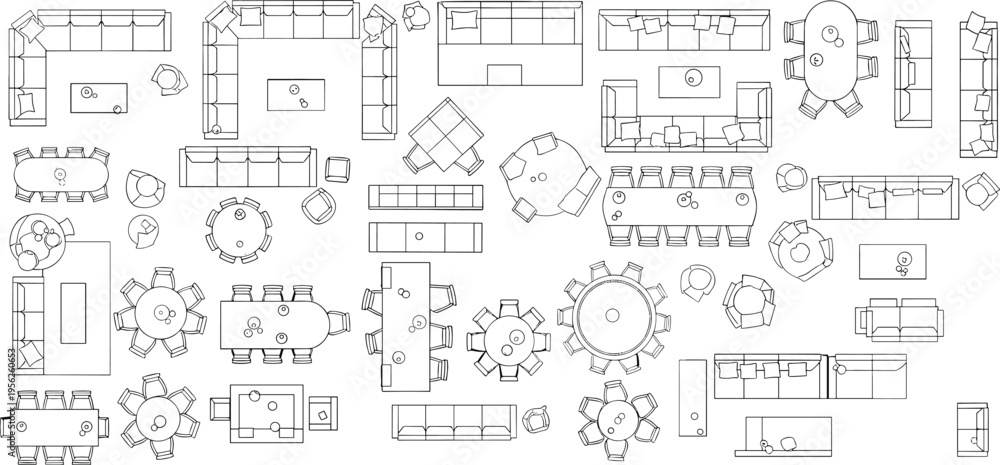 Obraz premium Top view architectural illustration of interior furniture layouts including sofas armchairs coffee tables and dining tables perfect for residential commercial design and planning applications