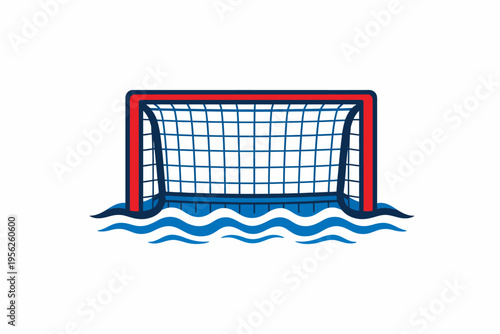 Water polo goal with red frame and blue net in wavy ocean waves, sports equipment and aquatic game concept