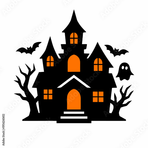 Spooky haunted house with glowing orange windows and ghostly figures on a white background for Halloween