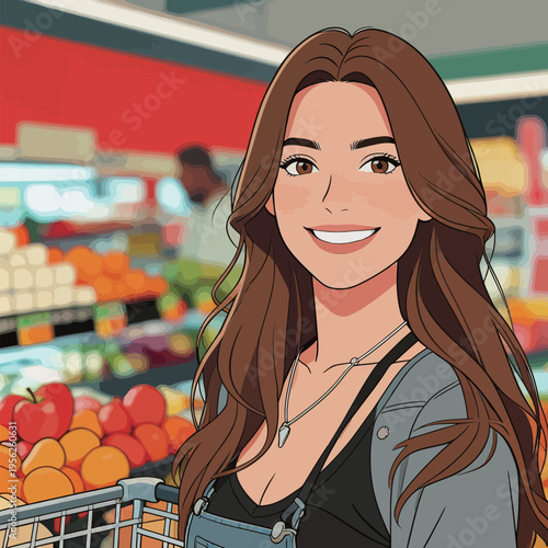 Woman smiles while shopping at a grocery store with a cart filled with fruits and vegetables at daytime