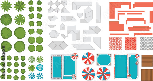 Top view illustration of architectural and landscape design elements including trees roofs pools furniture textures and patterns perfect for 