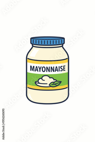 A jar of mayonnaise with a blue lid and a green label on a white background