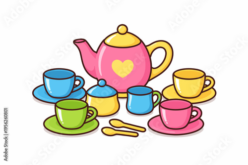 Colorful cartoon illustration of tea set with teapot and cups on saucers with heart design on teapot