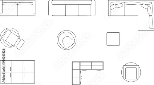 Top view schematic drawings of diverse furniture pieces including sofas armchairs tables cabinets and desks perfect for interior design architectural planning and space arrangement visualization
