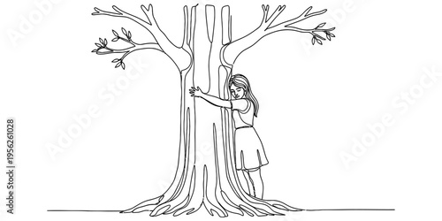 Continuous line drawing of young woman hugging large old tree
