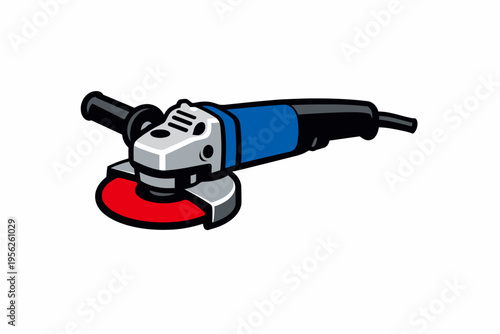 A blue and gray angle grinder with a red disc on a white background
