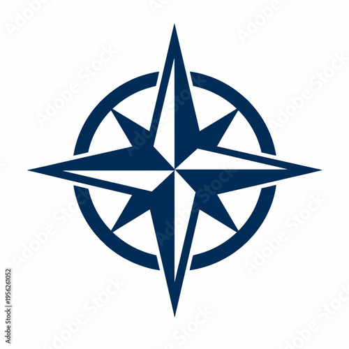A navy blue compass rose symbol on a white background used for navigation and direction