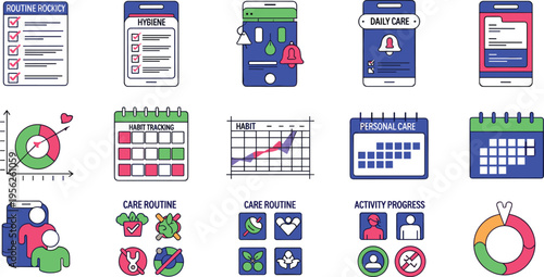 Daily Care Routine and Habit Tracking Mobile App Icon Set