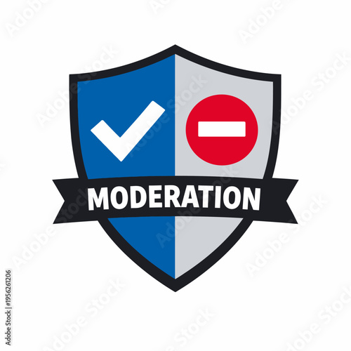 Moderation concept with shield icon and checkmark and minus sign for balanced approach
