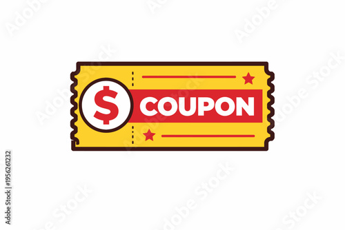 Vibrant yellow coupon icon with dollar sign and stars for savings and discounts concept