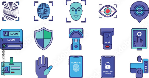 Biometric authentication and digital security identity icon set