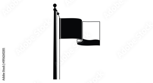 Black and white blank flag vector illustration on flagpole, waving horizontally, isolated on white background