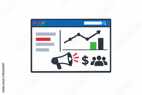 Business growth and announcement concept with graphs and megaphone in browser window, symbolizing online marketing and financial success