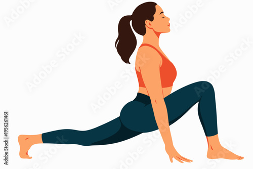 Woman in orange top and dark blue leggings doing low lunge yoga pose on white background