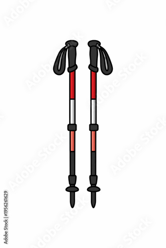 Illustration of a pair of red and black trekking poles with ergonomic grips on a white background for hiking and walking