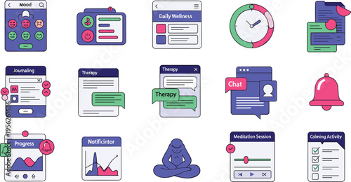 Mental Health Wellness and Meditation Mobile App UI Icon Set