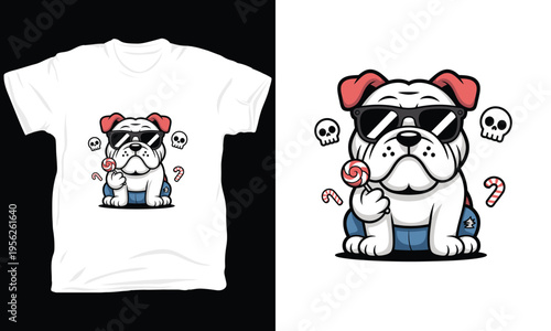 Cartoon bulldog wearing sunglasses and pants holding lollipop vector illustration design