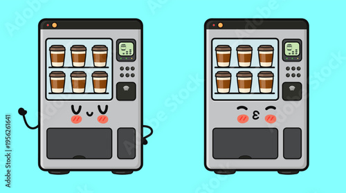 Animated coffee vending machine characters with happy and kissing faces