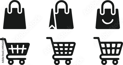 shopping cart black bag trolley icon set vector illustration 