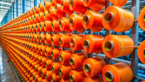 Detailed industrial shot of a chemical fiber factory featuring large spools of vibrant orange polyester thread being processed on automated spinning machinery