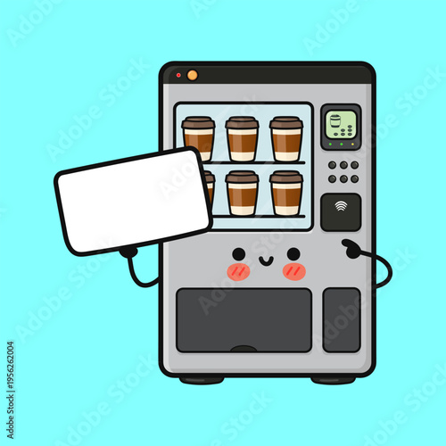 Coffee vending machine character holding blank sign for advertisement