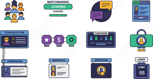 Online Gaming Lobby and Multiplayer Matchmaking UI Icon Set