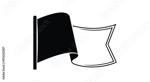 Black and white waving flag vector icon with blank banner for design elements and markers