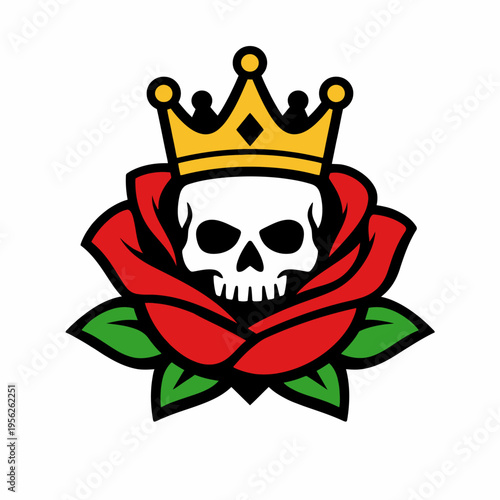 A vibrant tattoo-style illustration of a human skull wearing a golden crown, set against a large red rose with green leaves on a white background, symbolizing rebellion and mortality.