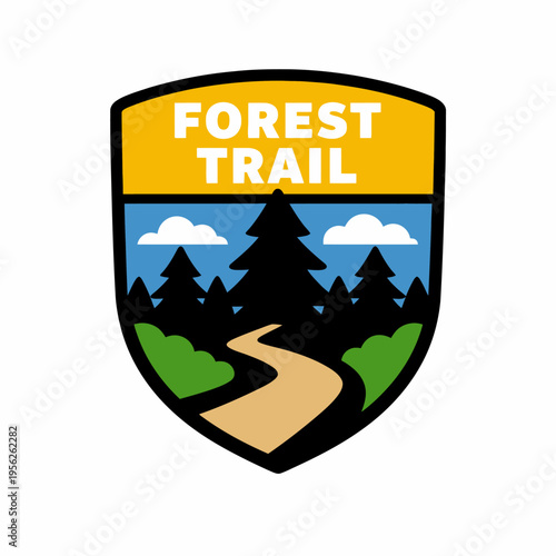 Forest trail shield logo with path and trees on a sunny day outdoors