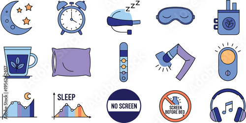 Sleep hygiene and bedtime routine health tracking icon set