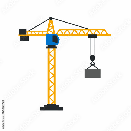 Construction crane with a hook and block on a white background, industrial equipment for building sites