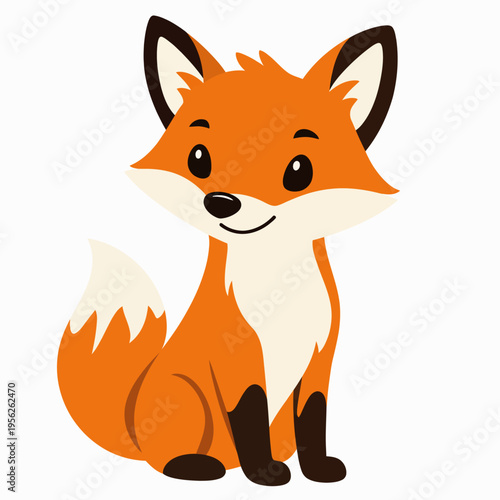 Cute cartoon fox with orange fur and white chest sitting on white background, looking friendly and approachable with big eyes and smile