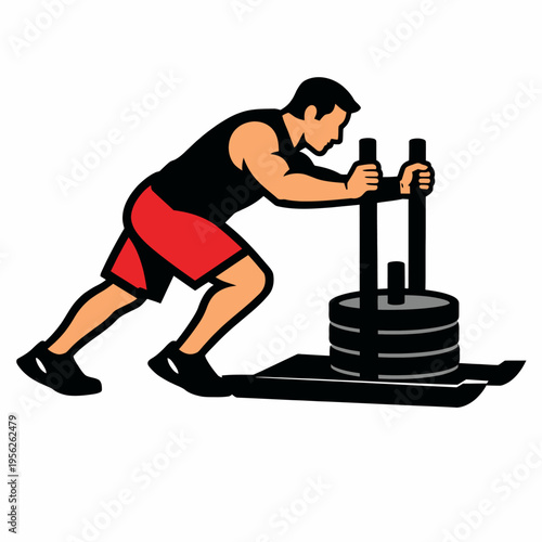 Man pushing heavy weighted sled for strength training and exercise